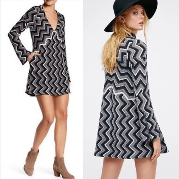 Free People Wool-Blend Chevron Patterned Black and Gray Dress - XS - Picture 3 of 13